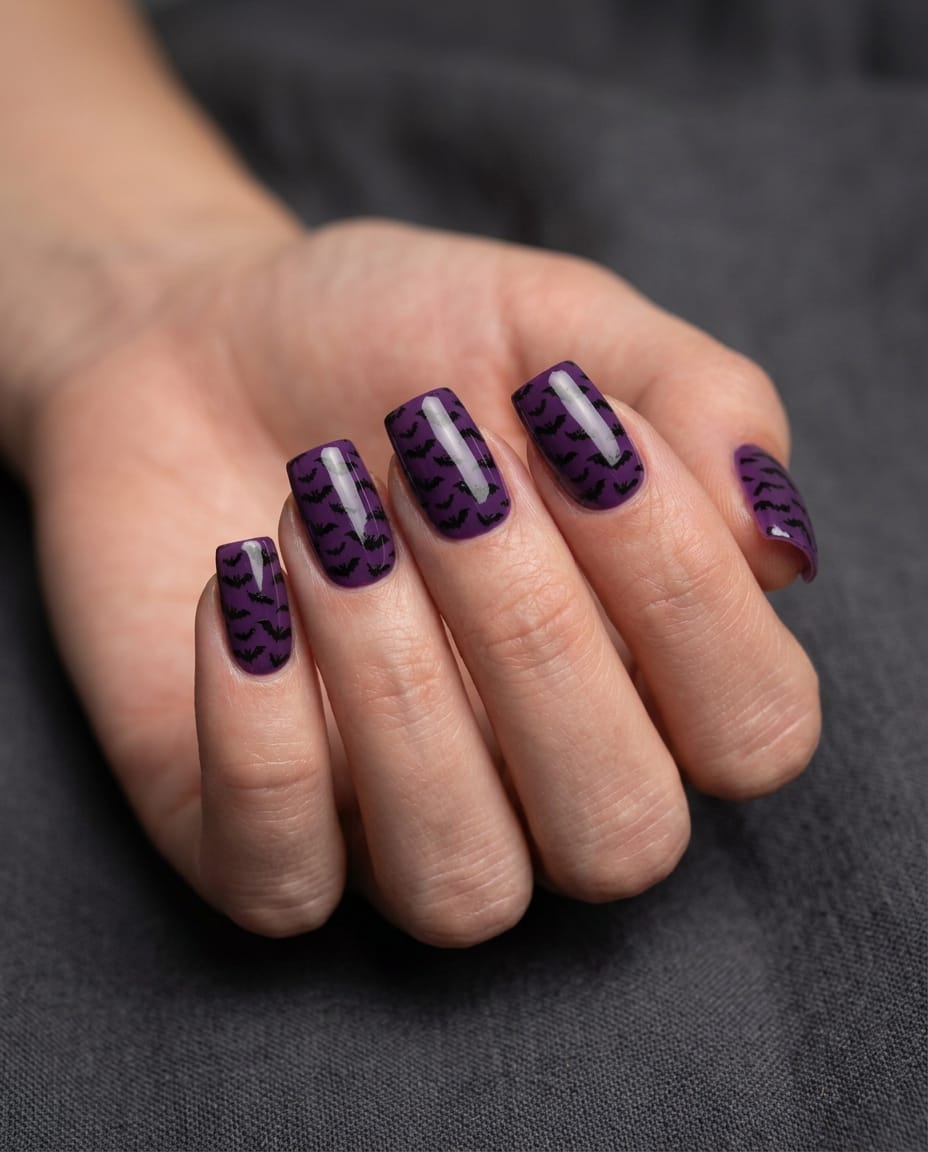 Hand with purple acrylic nails featuring a stamped bat pattern