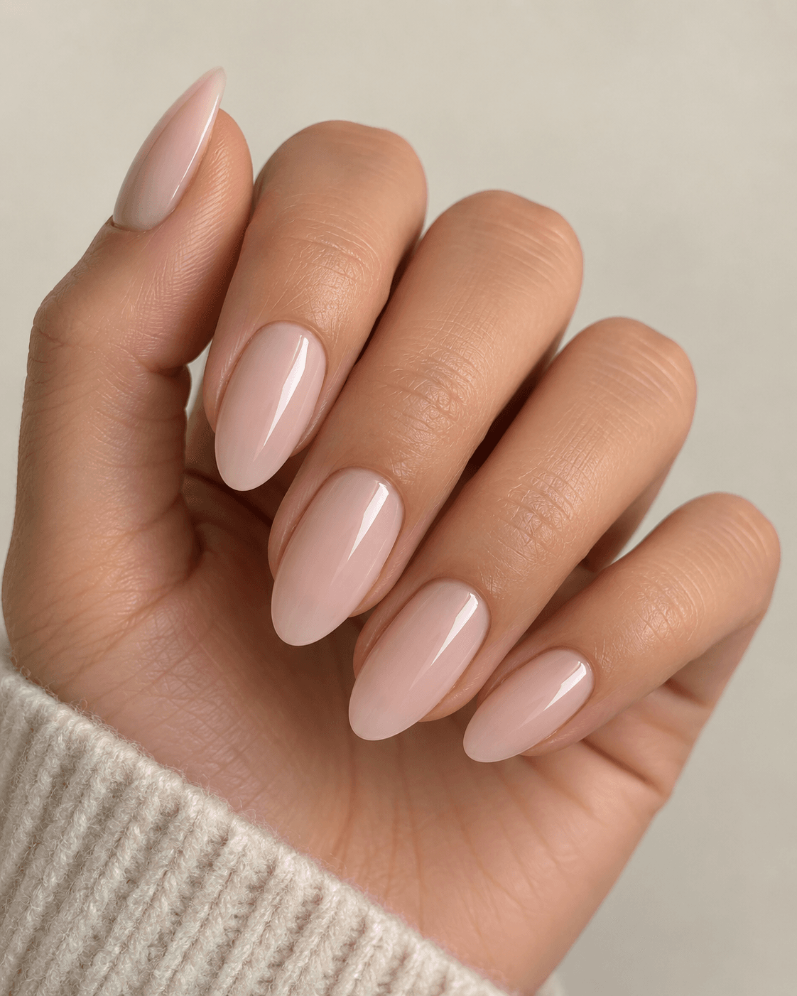 Hand with sheer milky nude acrylic nails in an almond shape.