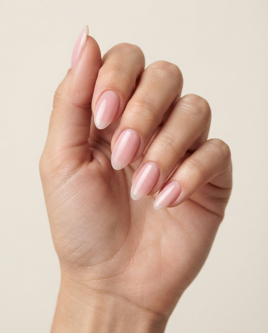Hand with sheer pink almond acrylic nails