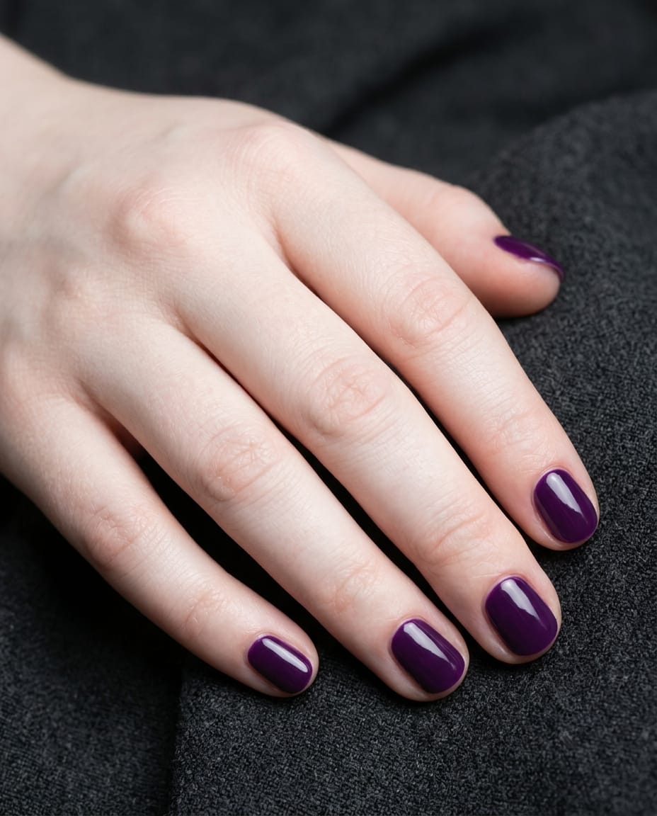 Hand with short deep purple acrylic nails