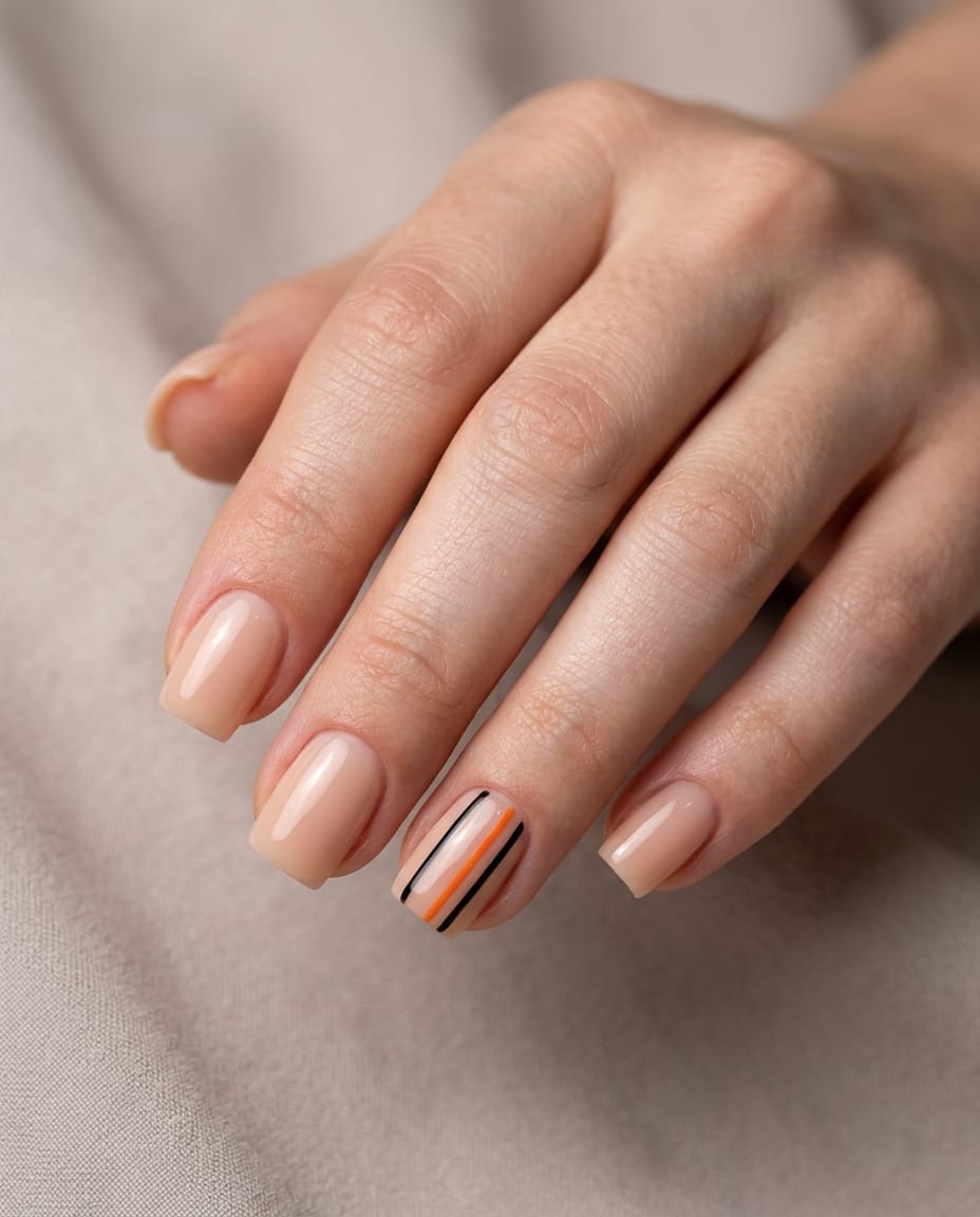 Hand with short nude nails and a black-and-orange striped accent nail