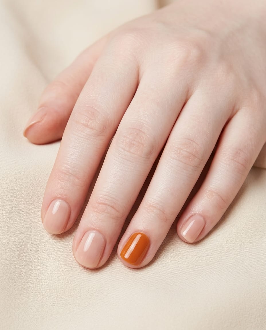 Hand with short nude nails and one solid orange accent nail.