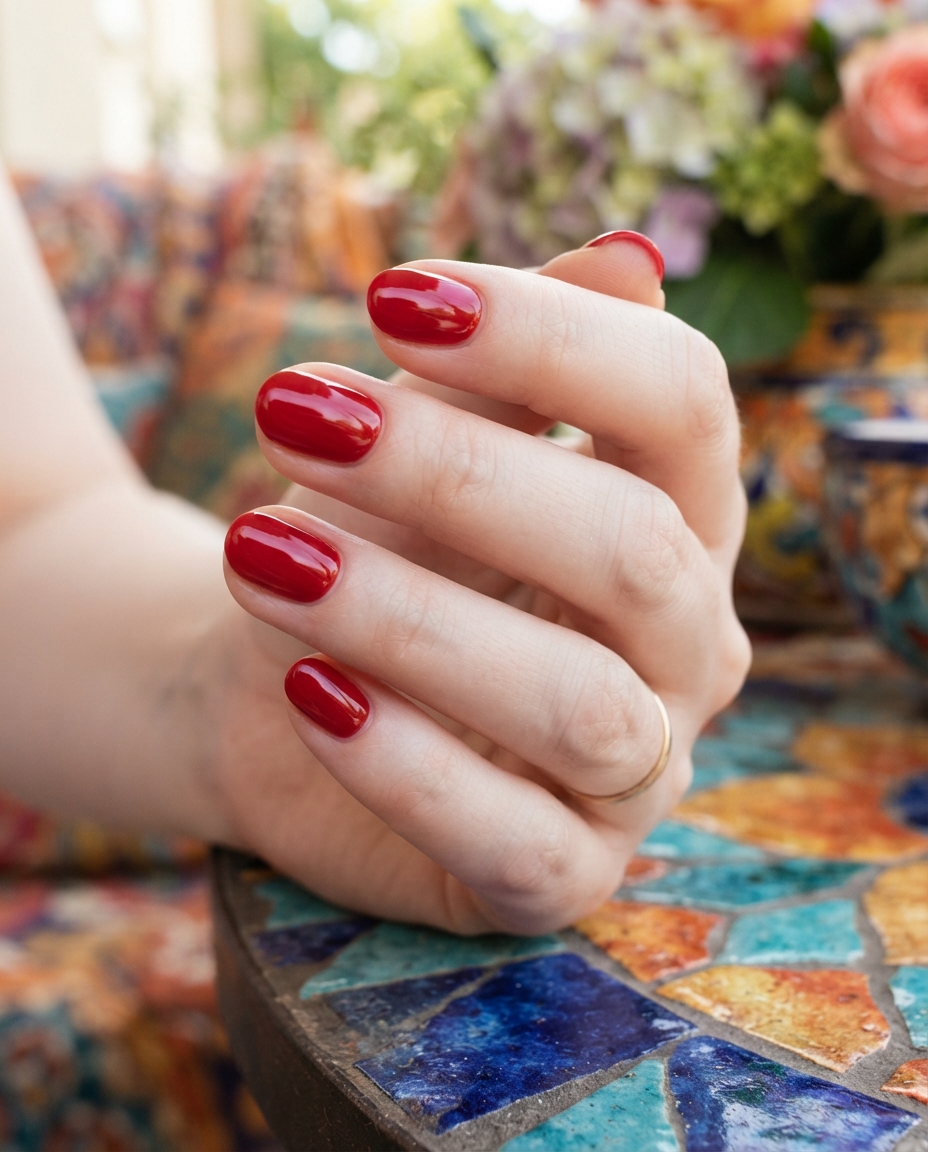 Hand with short oval nails in classic cherry red