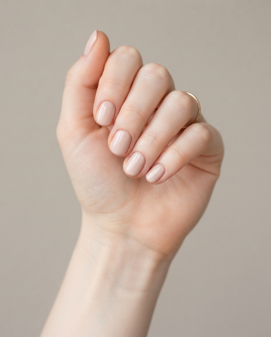 Hand with short round blush-nude acrylic nails