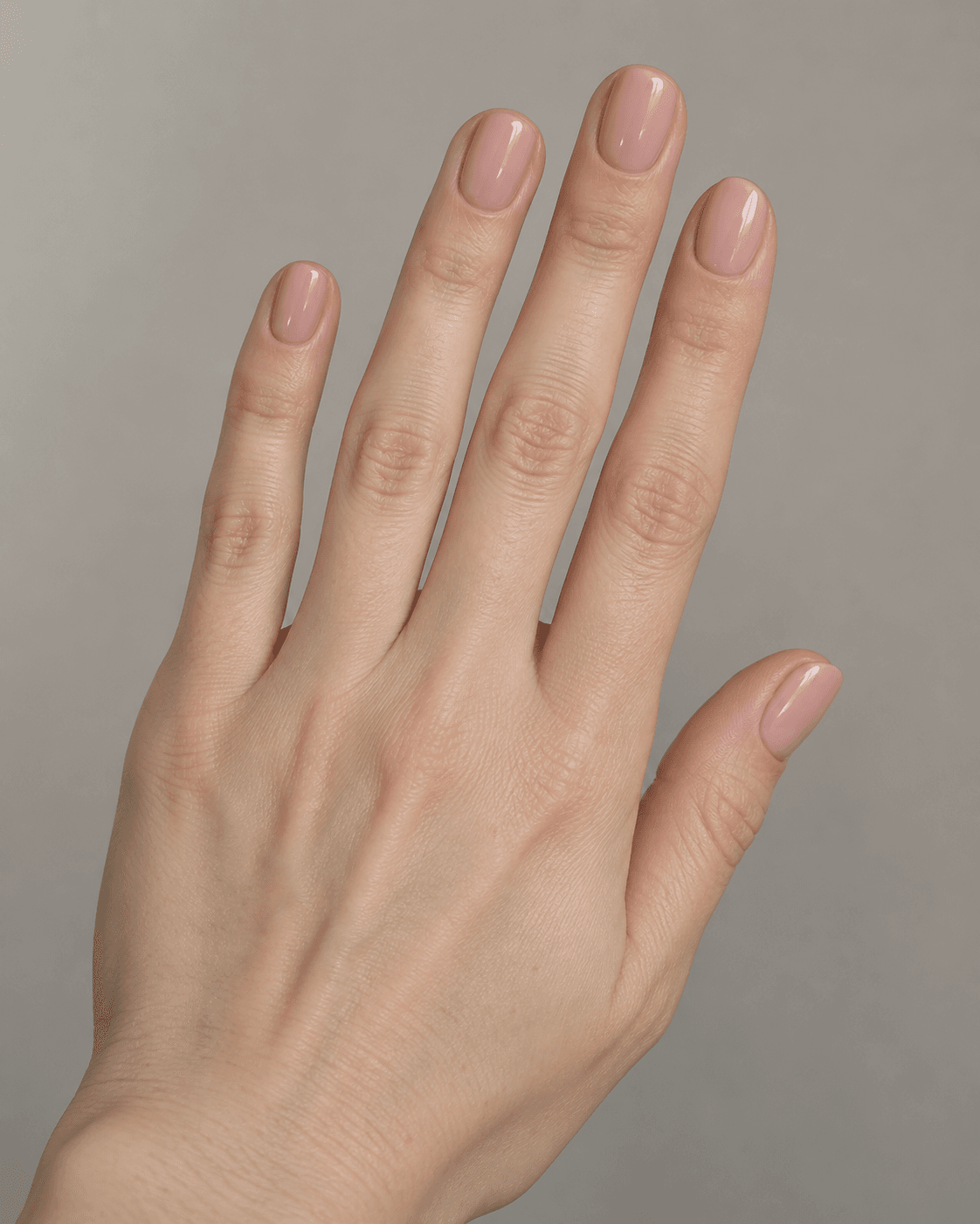 Hand with short round blush-nude acrylic nails.