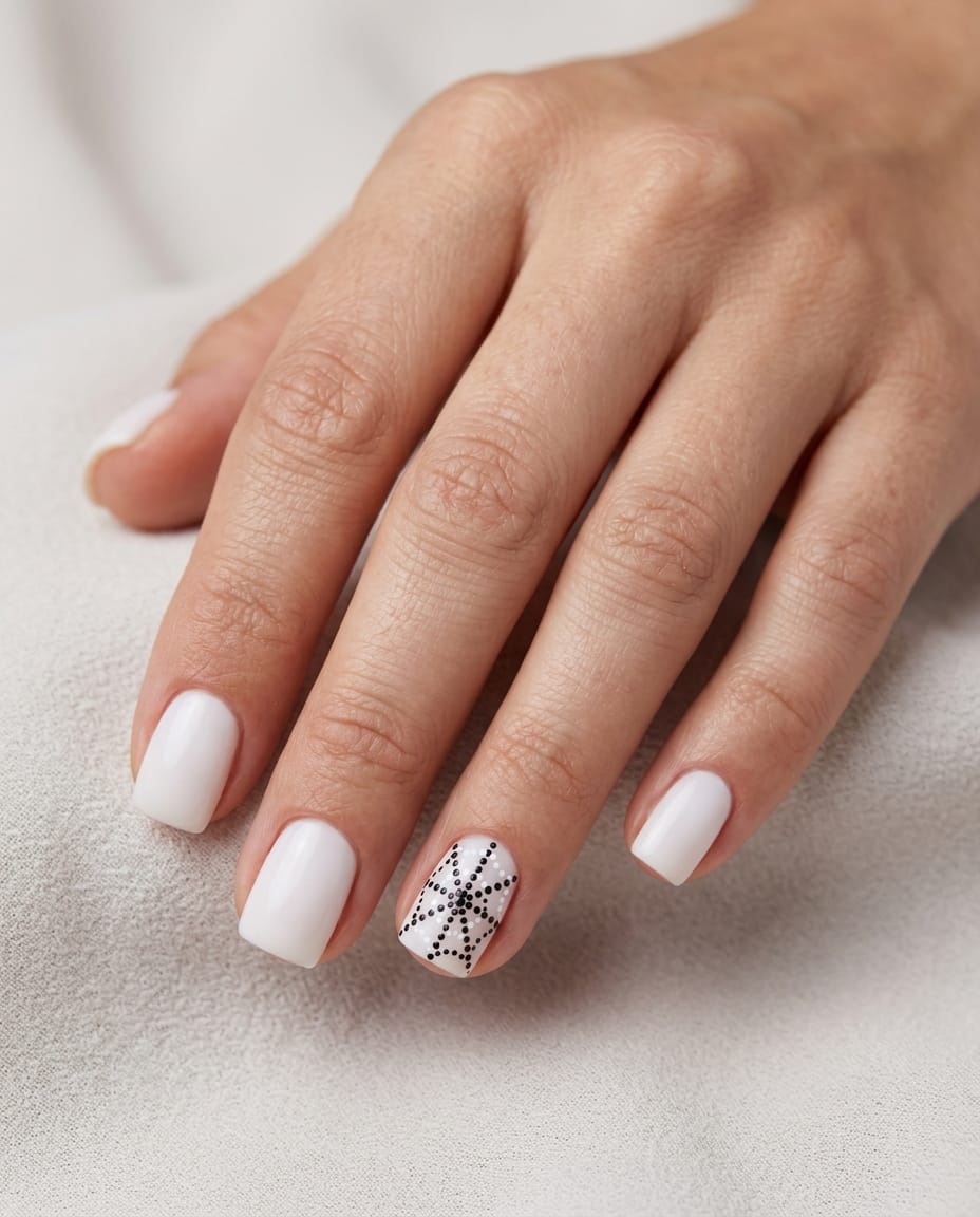 Hand with short white acrylic nails and a dot-style spider web accent nail