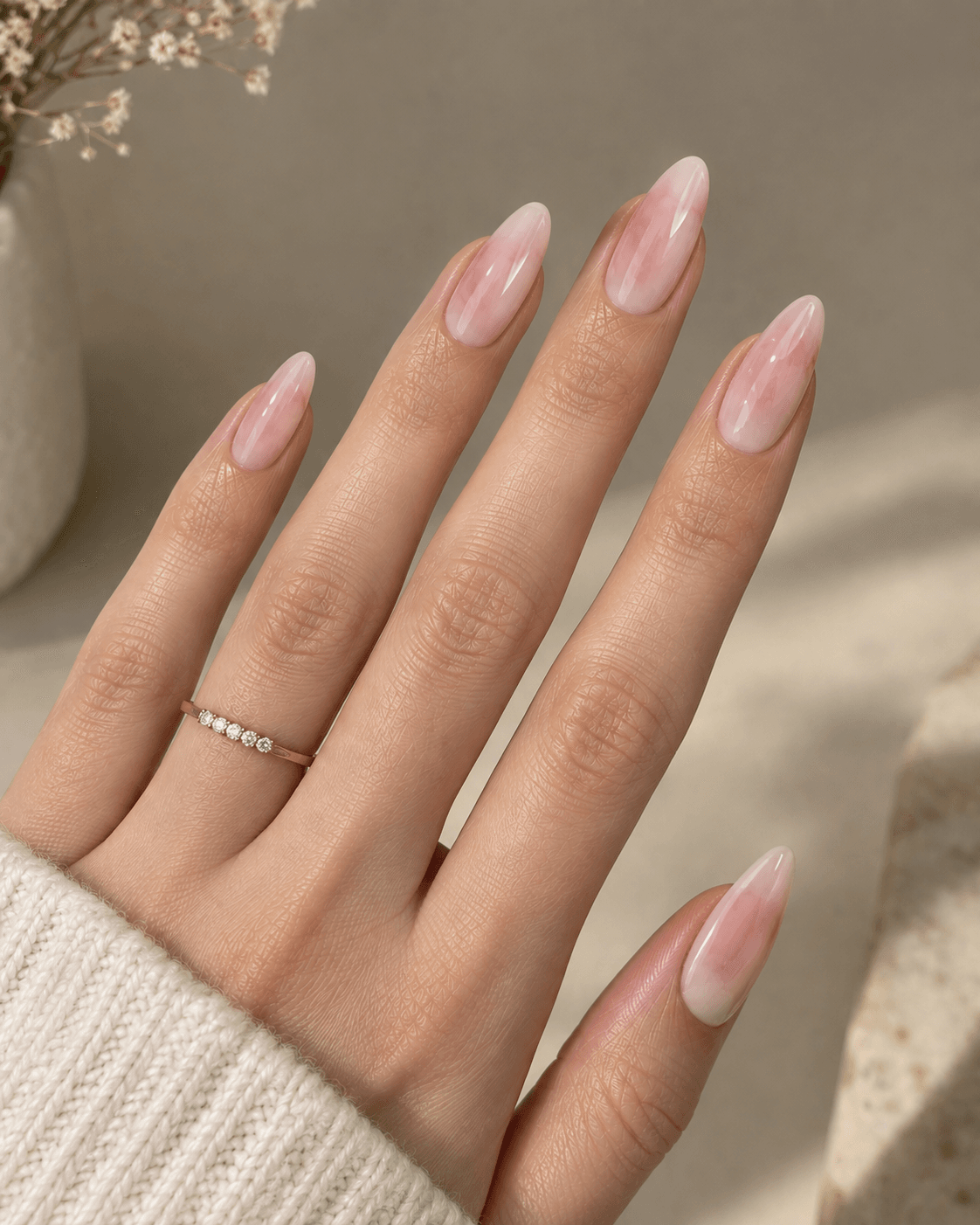 Hand with soft blush watercolor-effect almond acrylic nails.