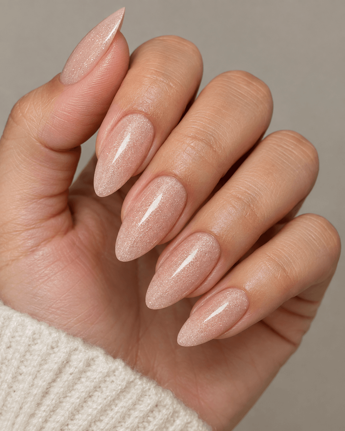 Hand with soft nude acrylic nails featuring a fine shimmer overlay.