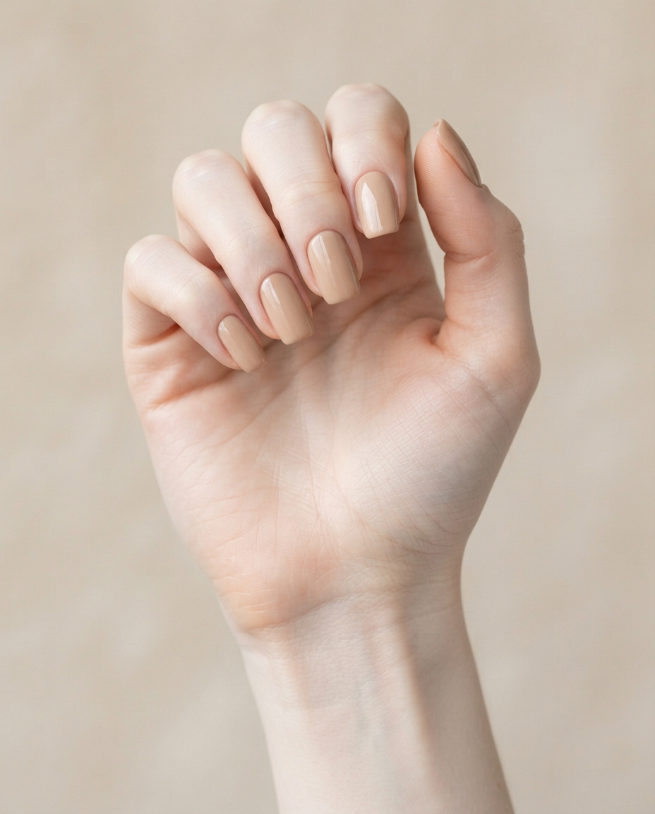 Hand with soft square nude acrylic nails