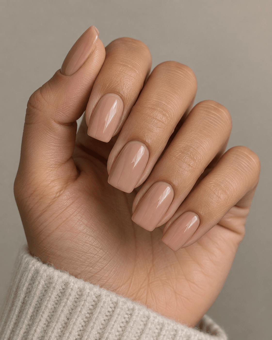 Hand with soft square nude acrylic nails.
