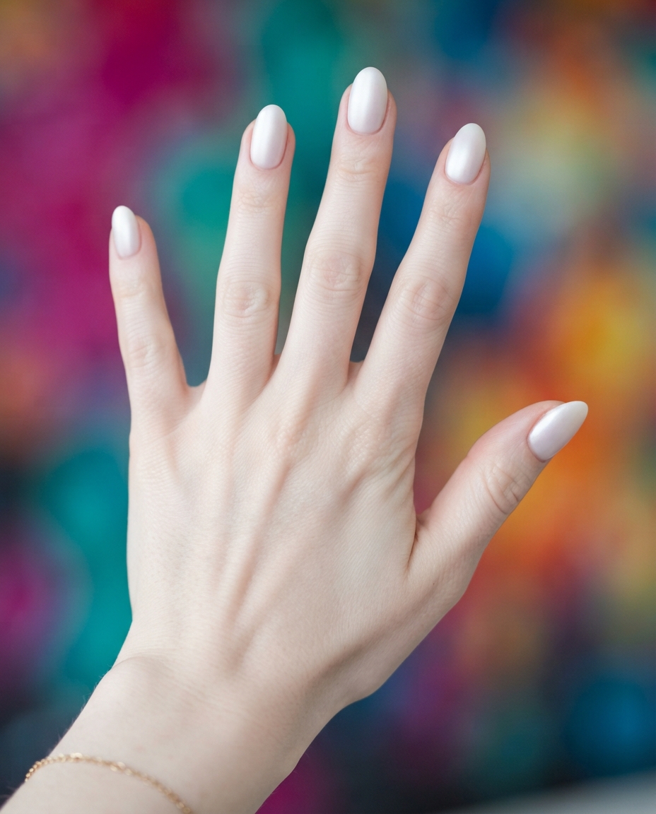 Hand with soft white satin-finish oval acrylic nails