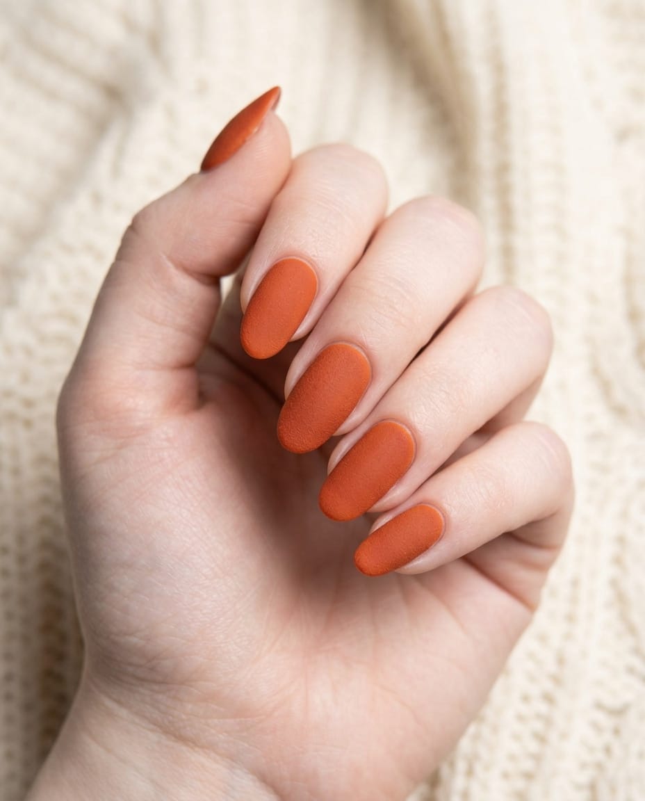 Hand with solid burnt-orange matte acrylic nails