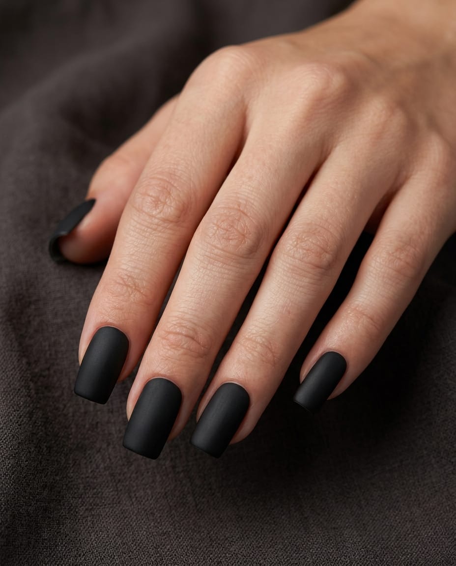 Hand with solid matte black square acrylic nails