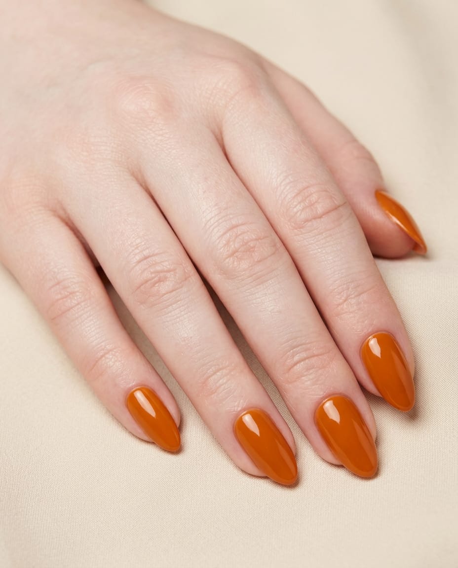 Hand with solid pumpkin-orange almond acrylic nails