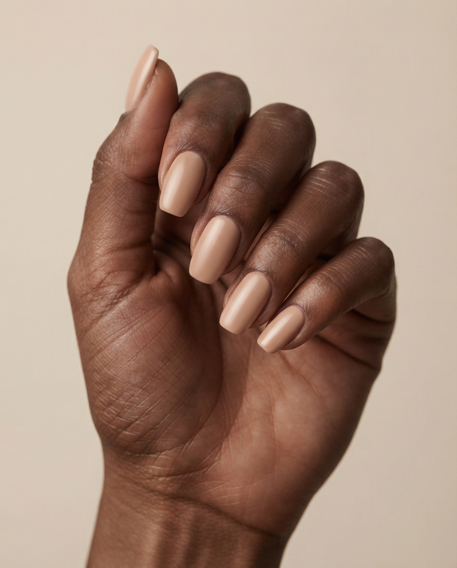 Hand with warm beige nude square-oval acrylic nails.