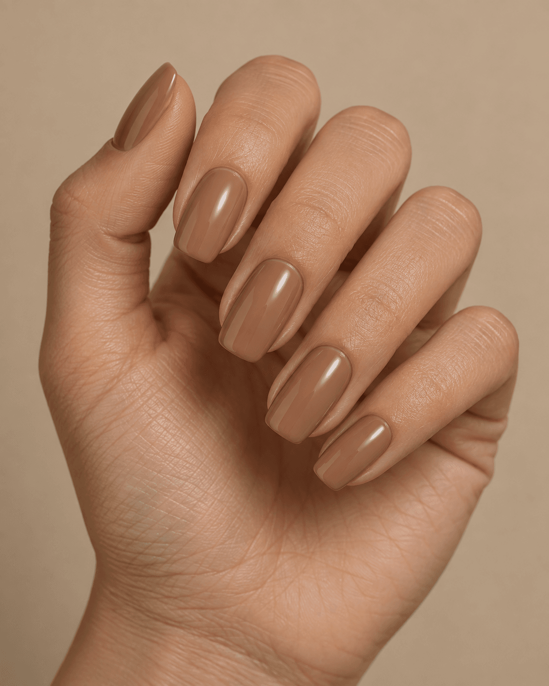 Hand with warm café-au-lait nude acrylic nails.