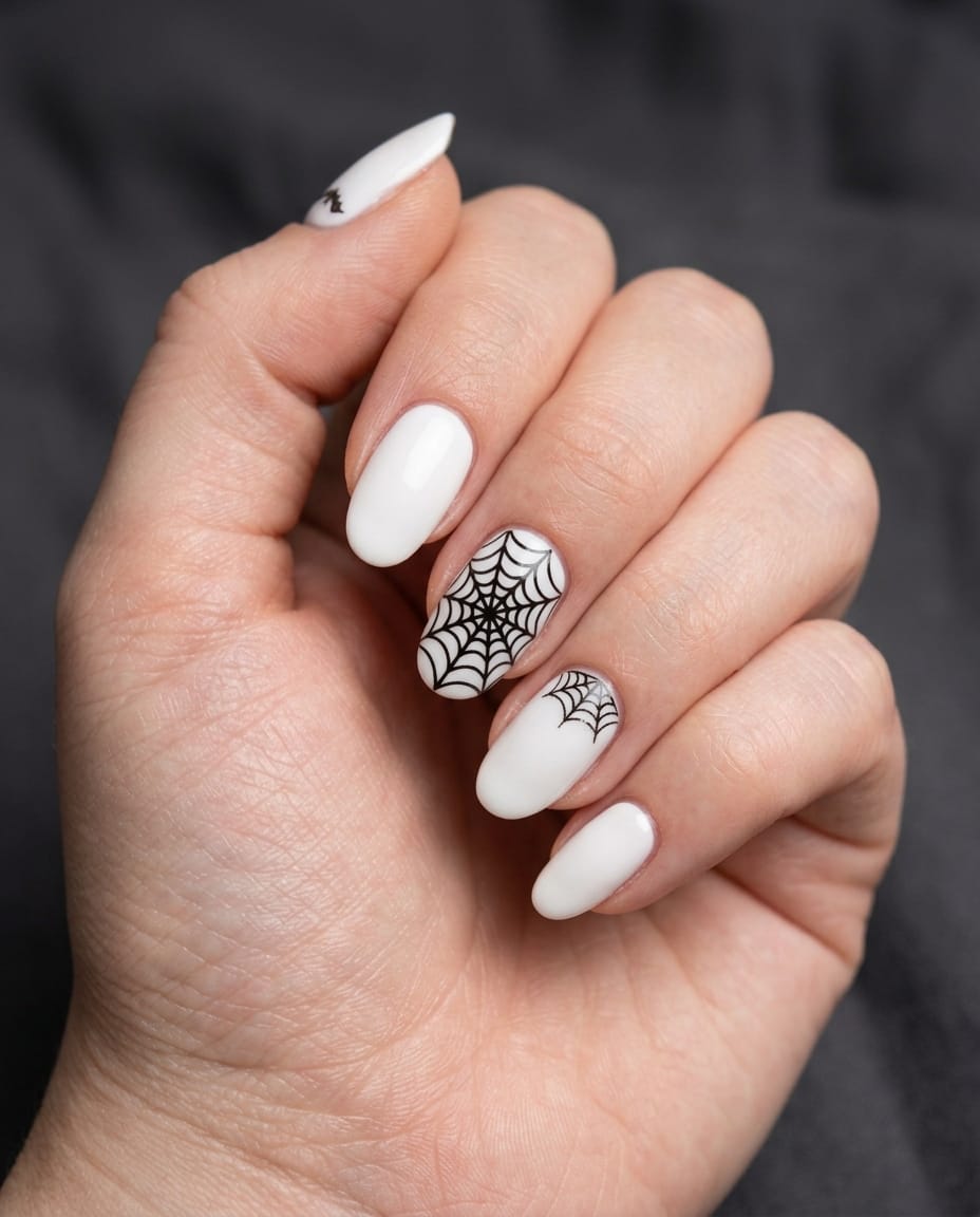 Hand with white acrylic nails and a precise stamped spider web accent nail