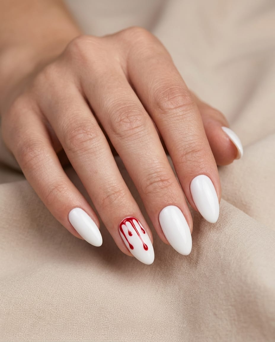 Hand with white acrylic nails and a red blood-drip accent nail