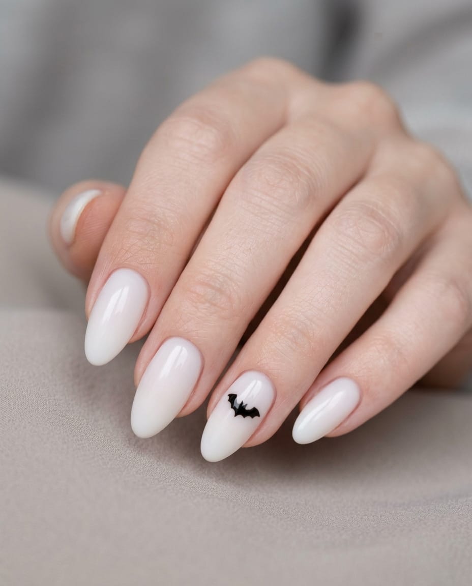 Hand with white acrylic nails and a single small black bat silhouette accent nail.