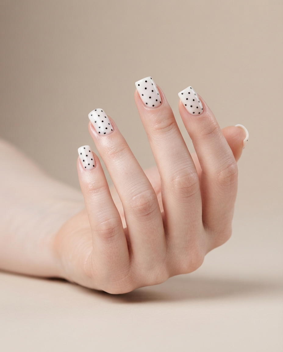 Hand with white acrylic nails featuring classic black polka dots