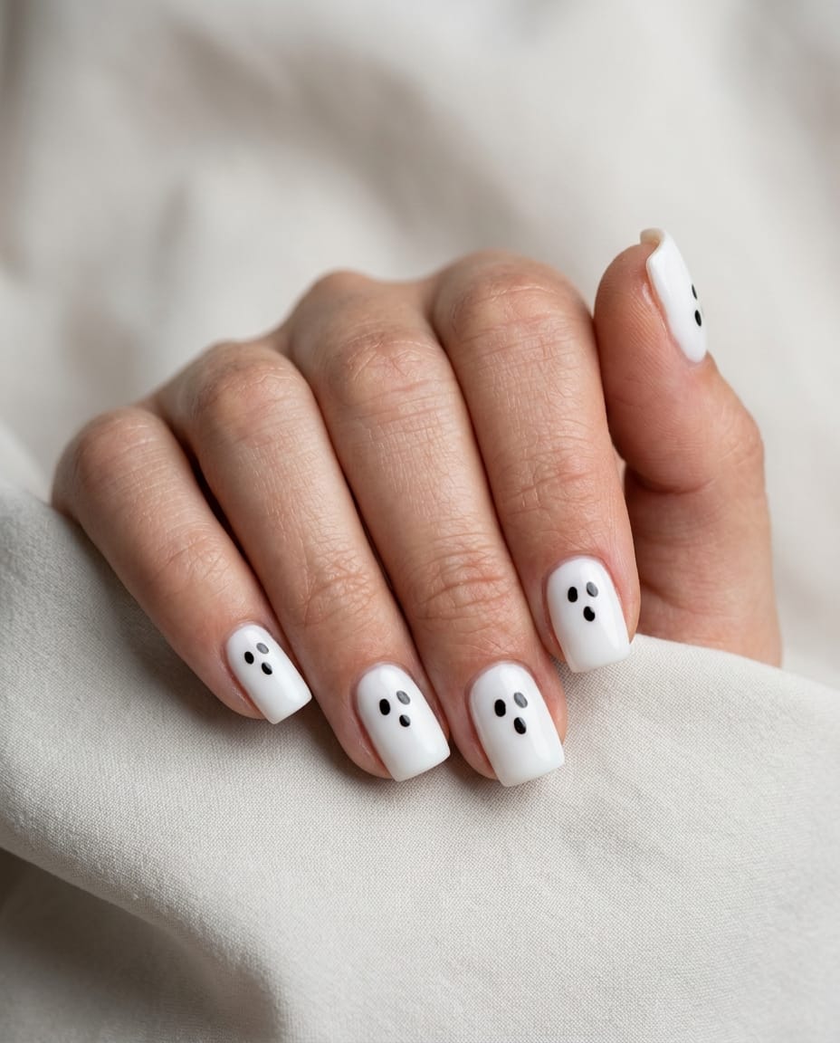 Hand with white acrylic nails featuring minimal ghost face designs on each nail