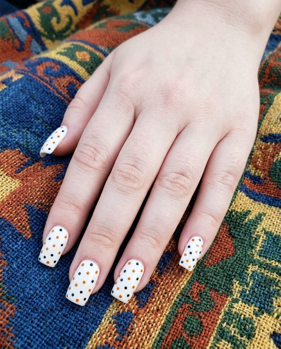 Hand with white acrylic nails featuring orange and black polka dots