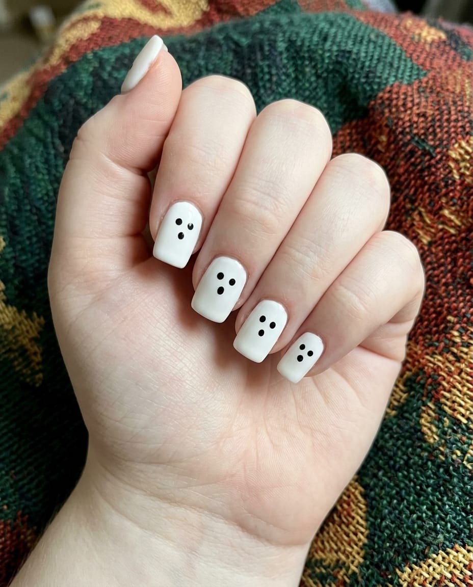 Hand with white acrylic nails featuring simple three-dot ghost faces