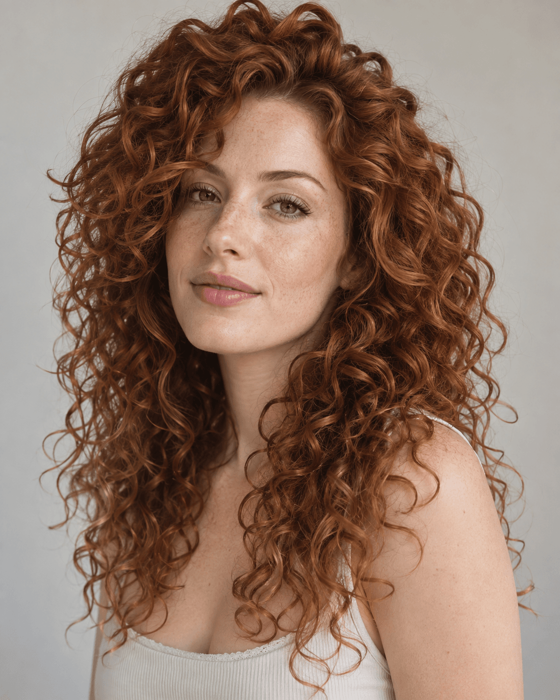 Long curly hair layered to remove weight and reduce a triangular shape.