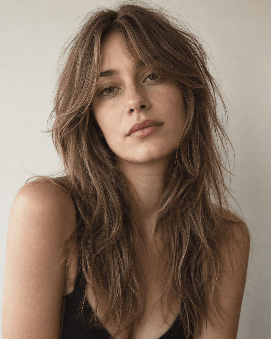 Long fine hair styled as a shag with closely spaced layers for texture.