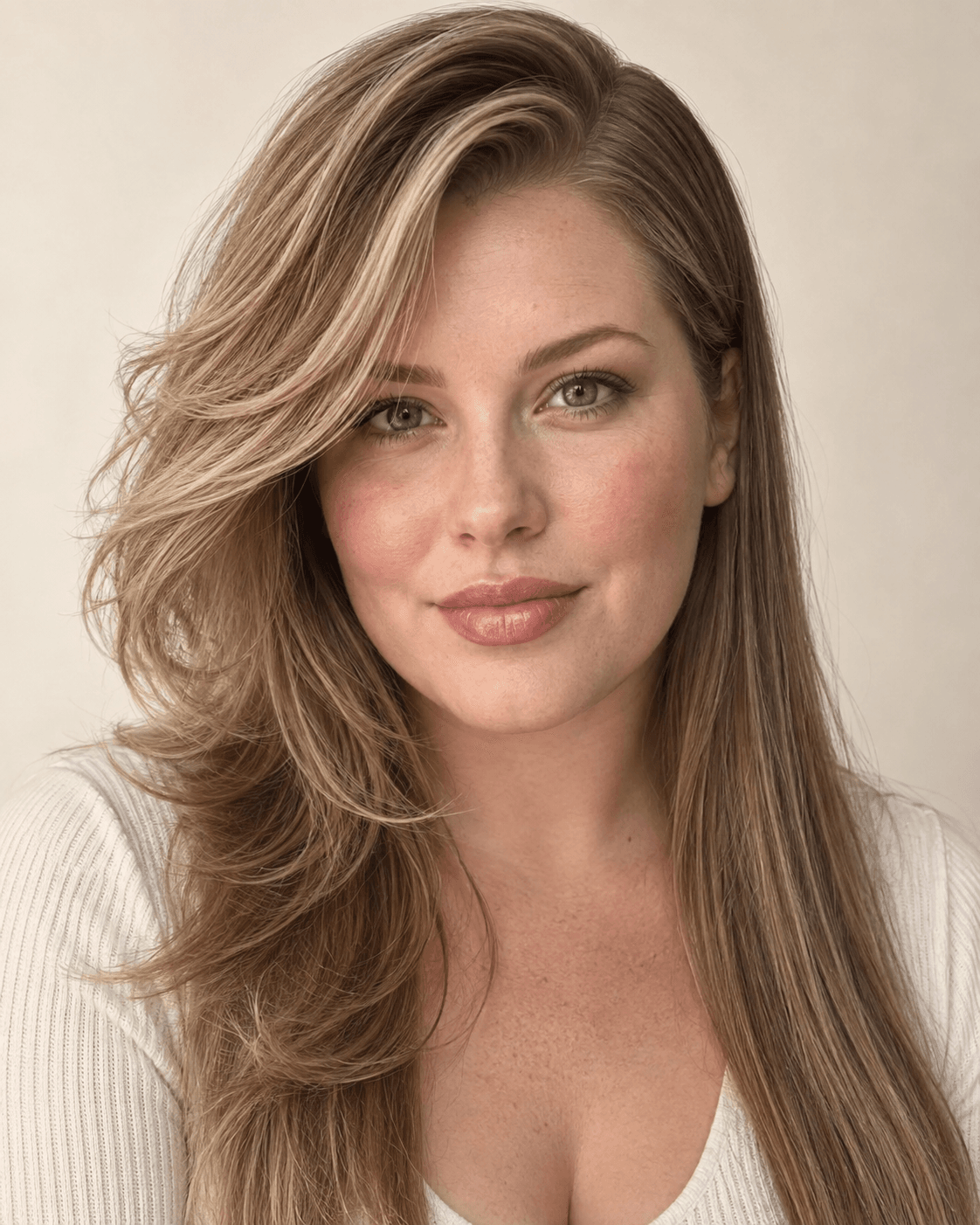 Long fine hair with a deep side part and face-framing layers for added volume.