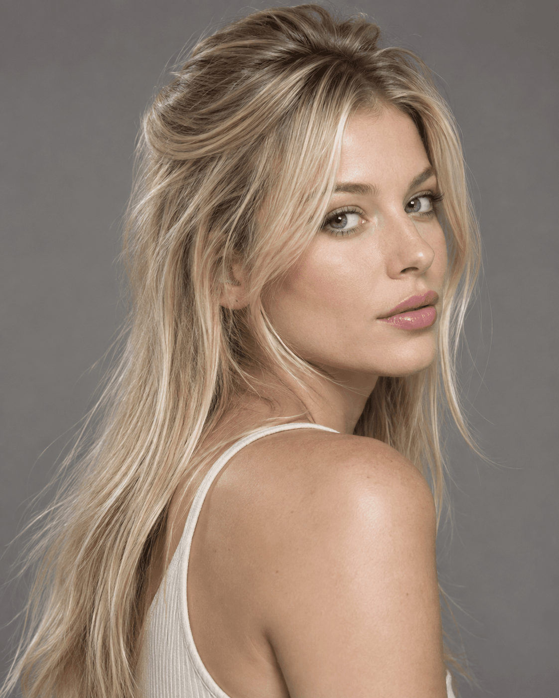 Long fine hair with heavy layering concentrated at the crown for added volume.