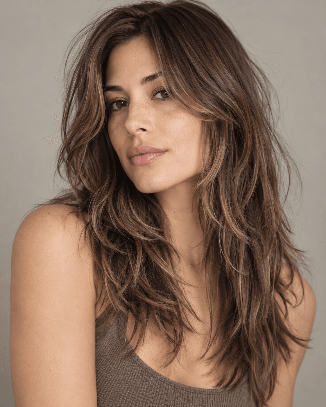 Long hair in a layered grow-out stage transitioning from a shorter cut.