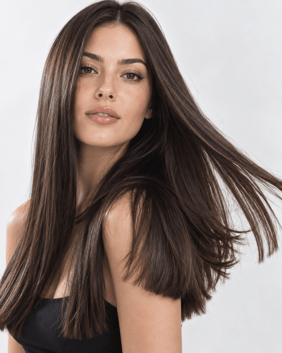 Long hair with a blunt outer edge lifting to reveal hidden internal layers.