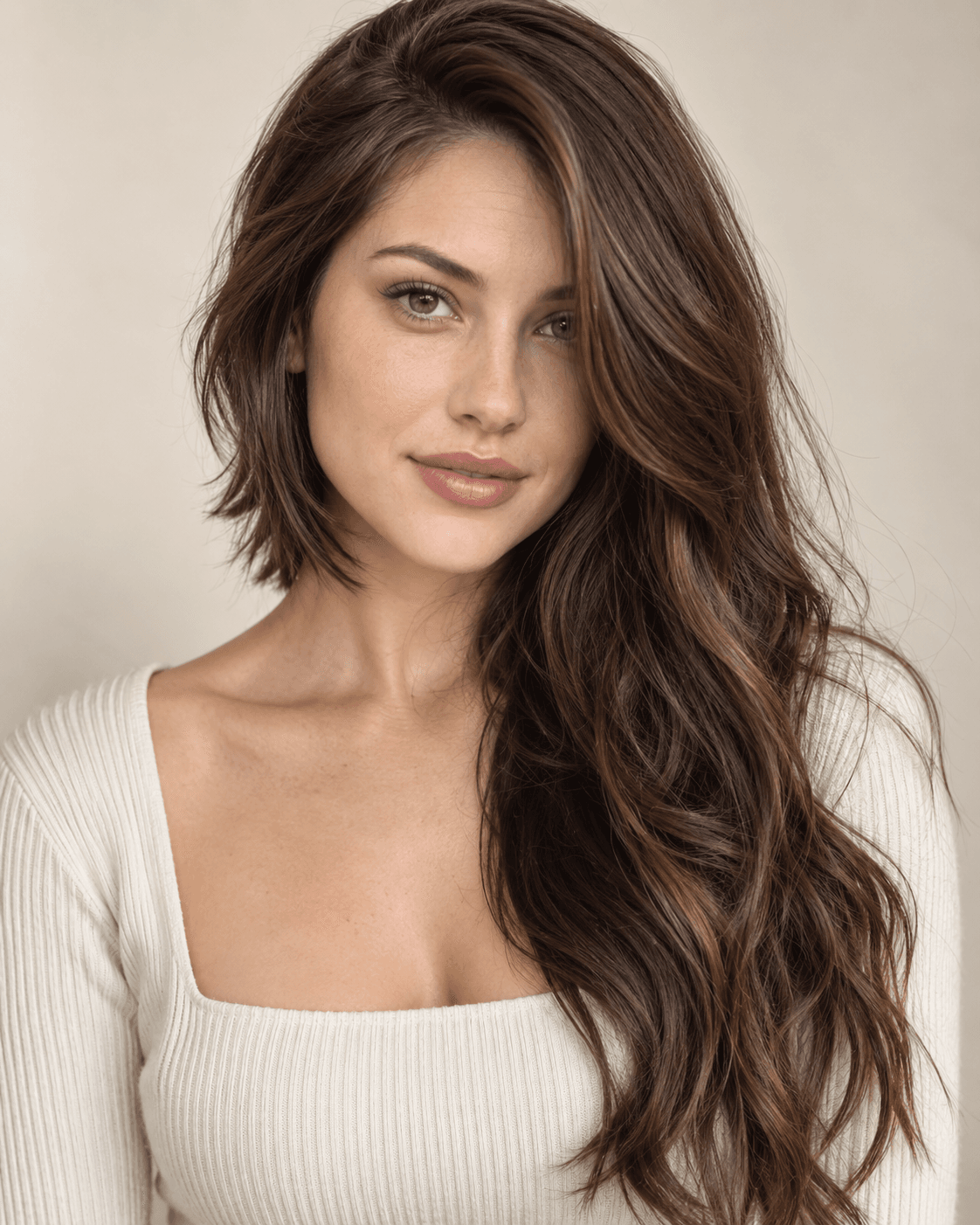 Long hair with asymmetrical face-framing layers on one side.