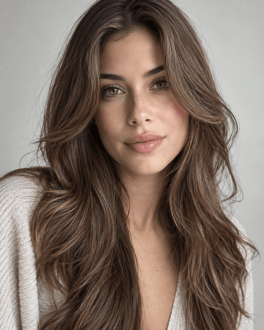 Long hair with face-framing layers starting at cheekbone height.
