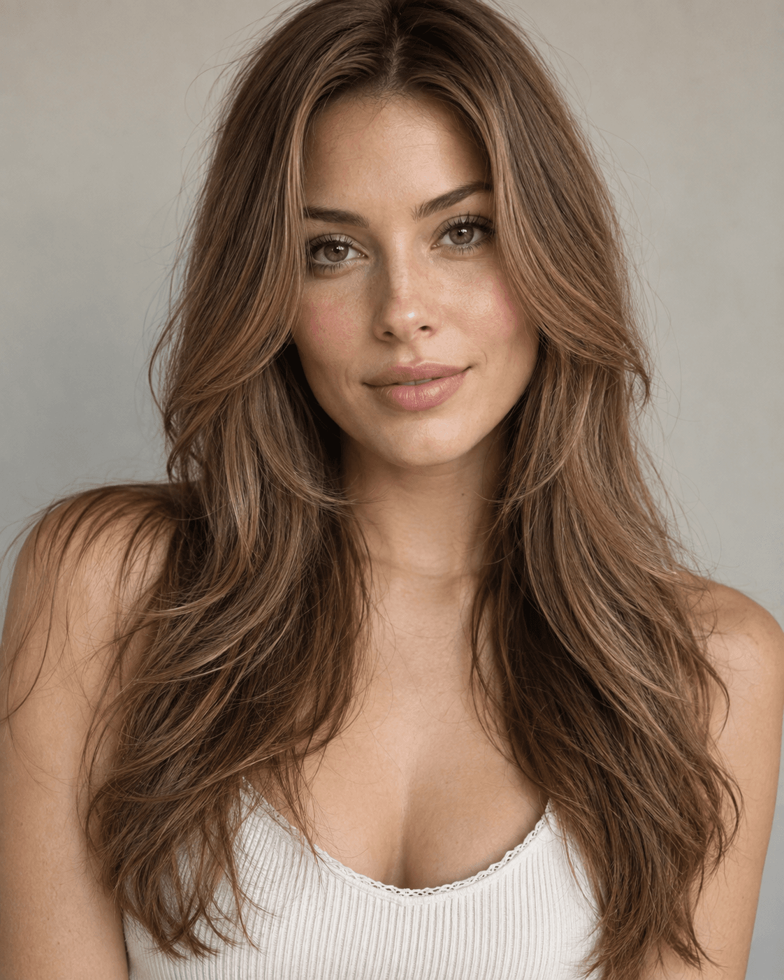 Long hair with face-framing layers starting at jaw height.