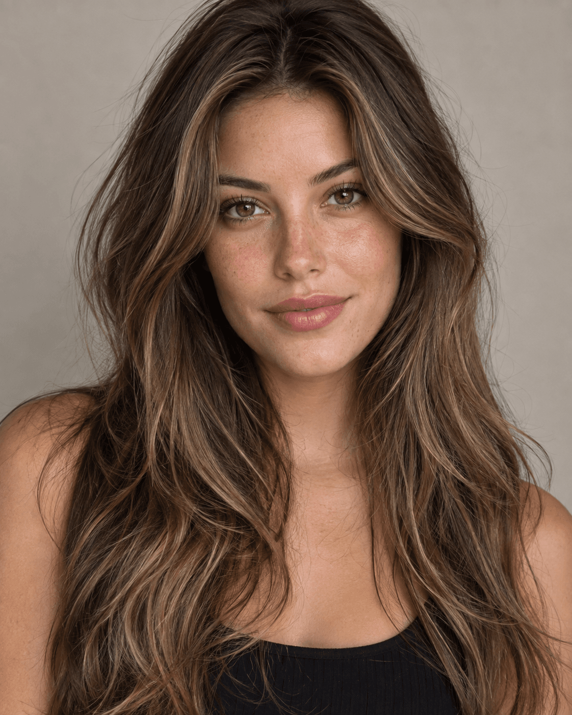 Long hair with grown-out, softly blended face-framing layers.