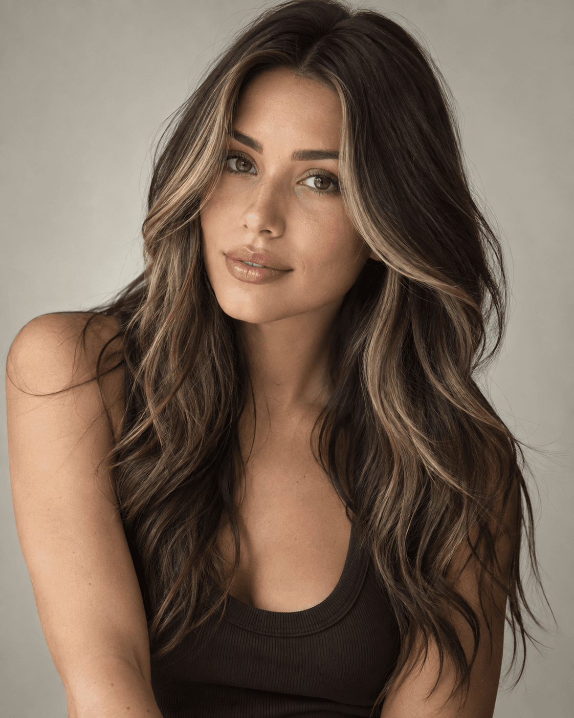 Long hair with subtle layers and face-framing money piece highlights.