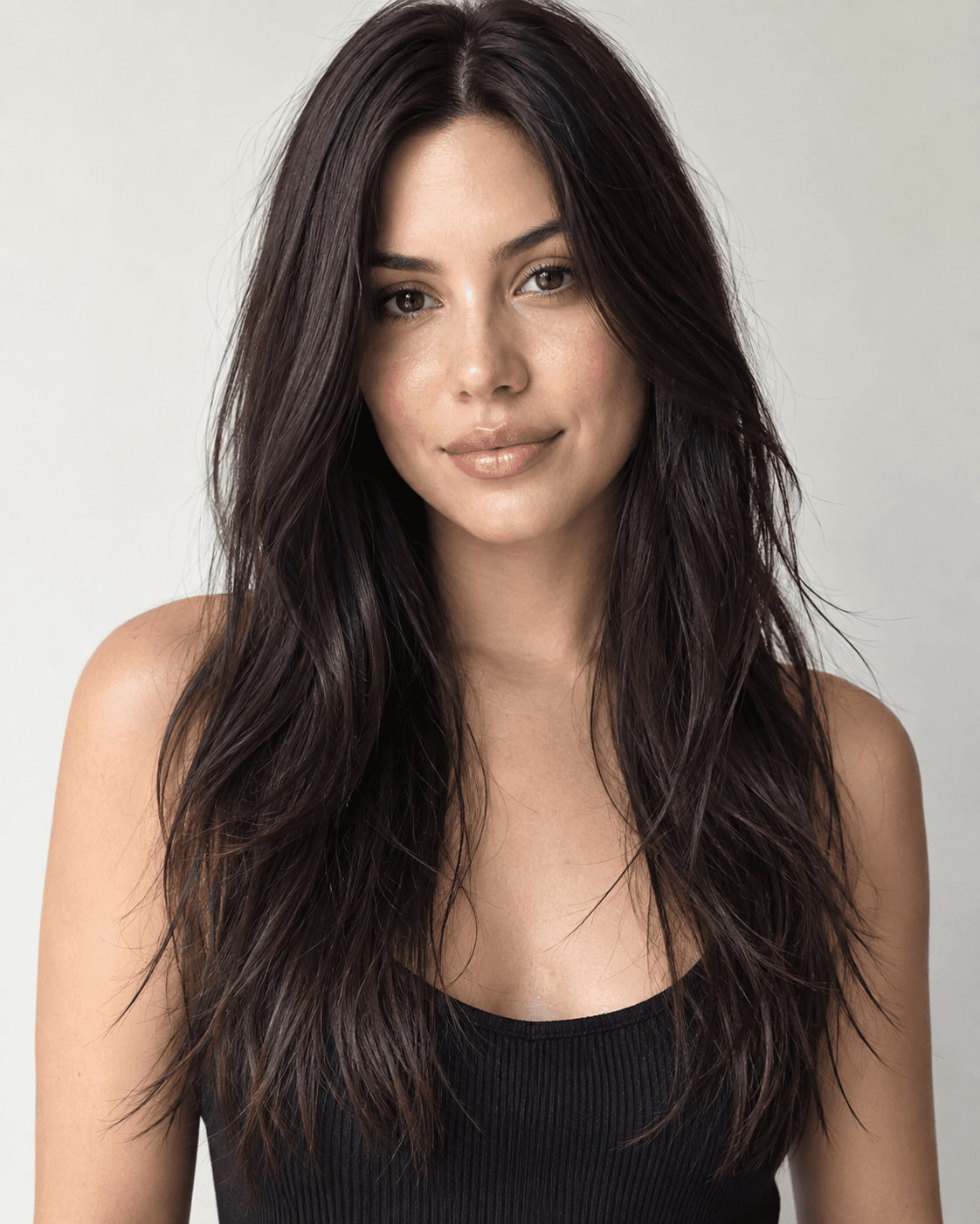 Long hair with uniform length and heavily textured, thinned ends.