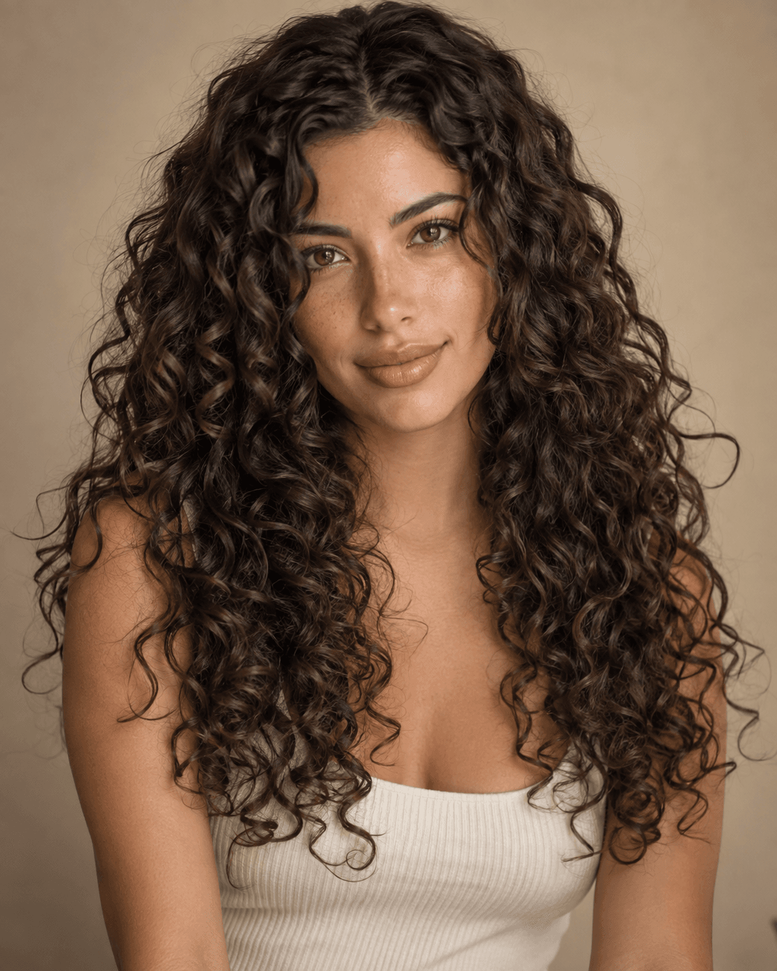 Long naturally curly hair with layers that define and lighten the curl shape.