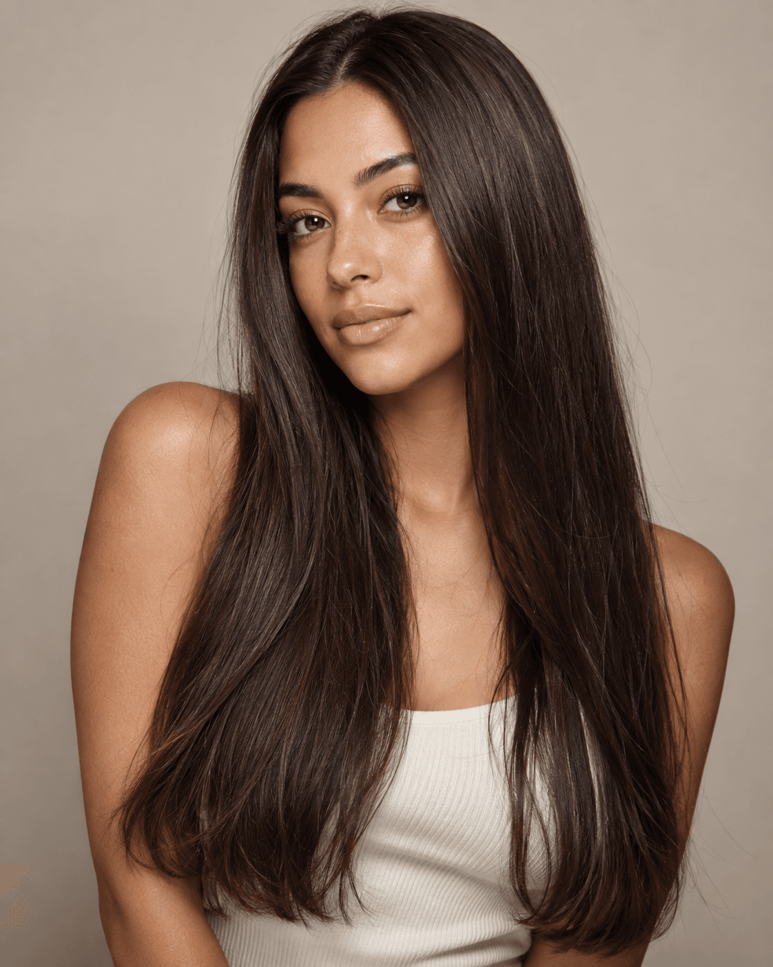 Long one-length hair with subtle layering only at the ends.
