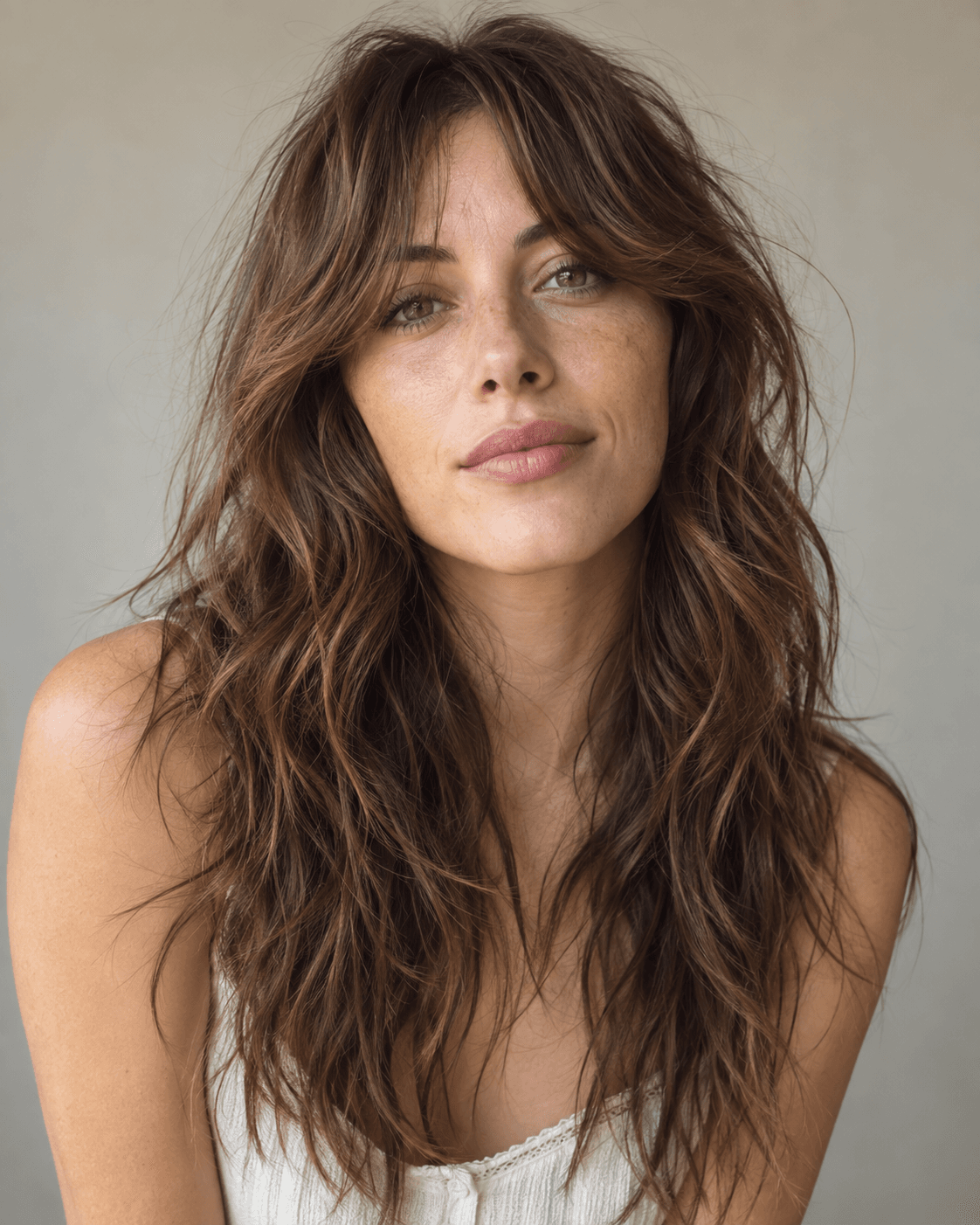 Long shaggy layered haircut with textured ends and curtain bangs.