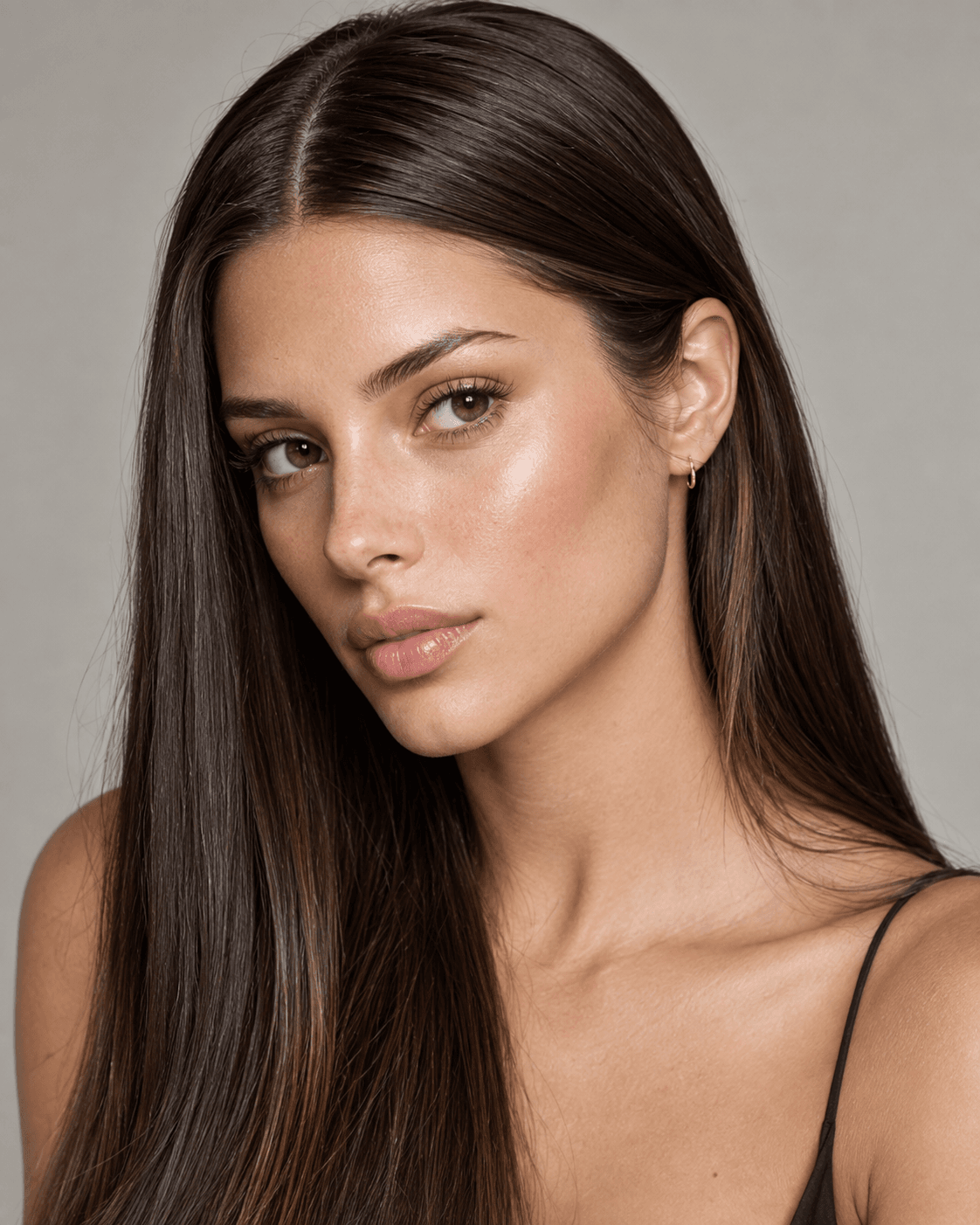 Long sleek hair with a center part and subtle layering visible behind the ear.