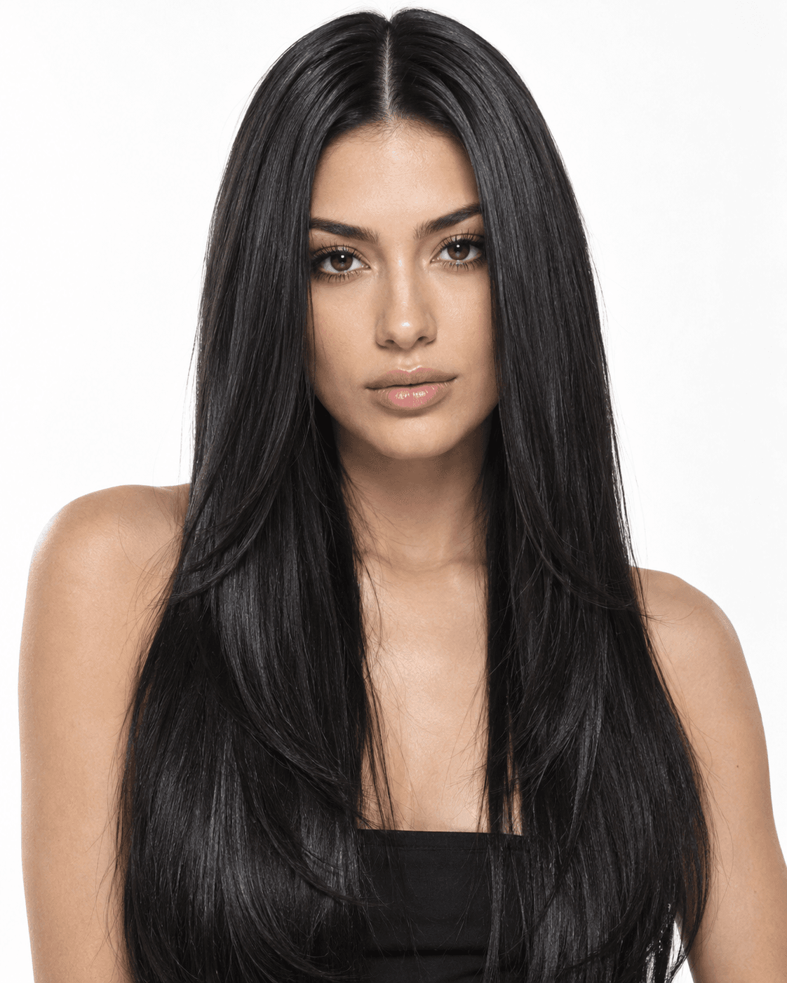 Long straight hair with graphic, minimally blended layer lines.