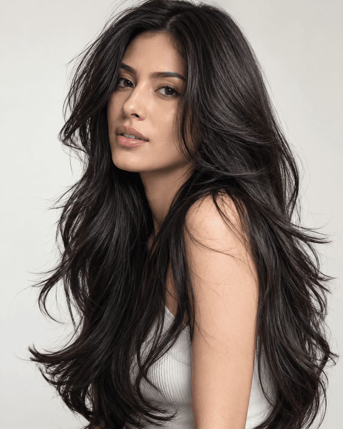 Long thick hair layered with wide spacing to reduce bulk gradually.