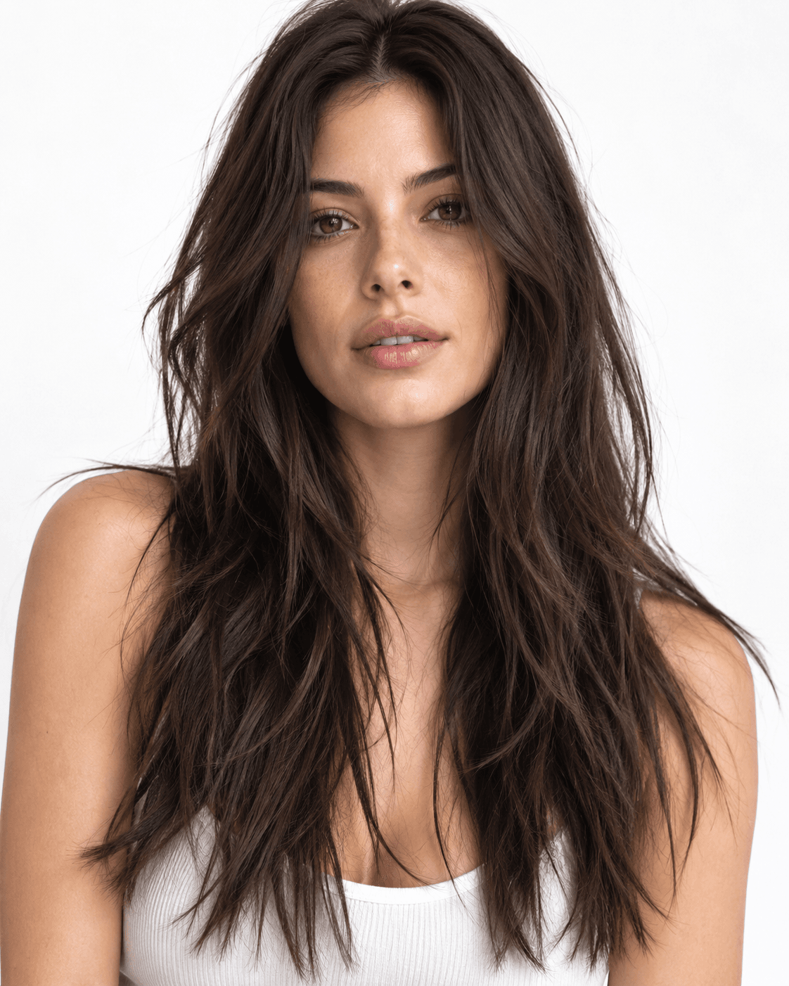 Long thick hair with choppy, textured layered ends.