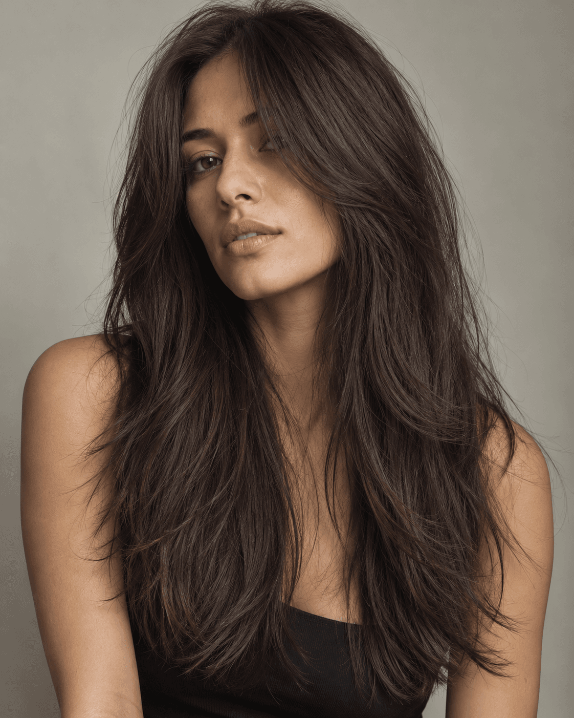 Long thick hair with softly tapered, razor-cut layered ends.