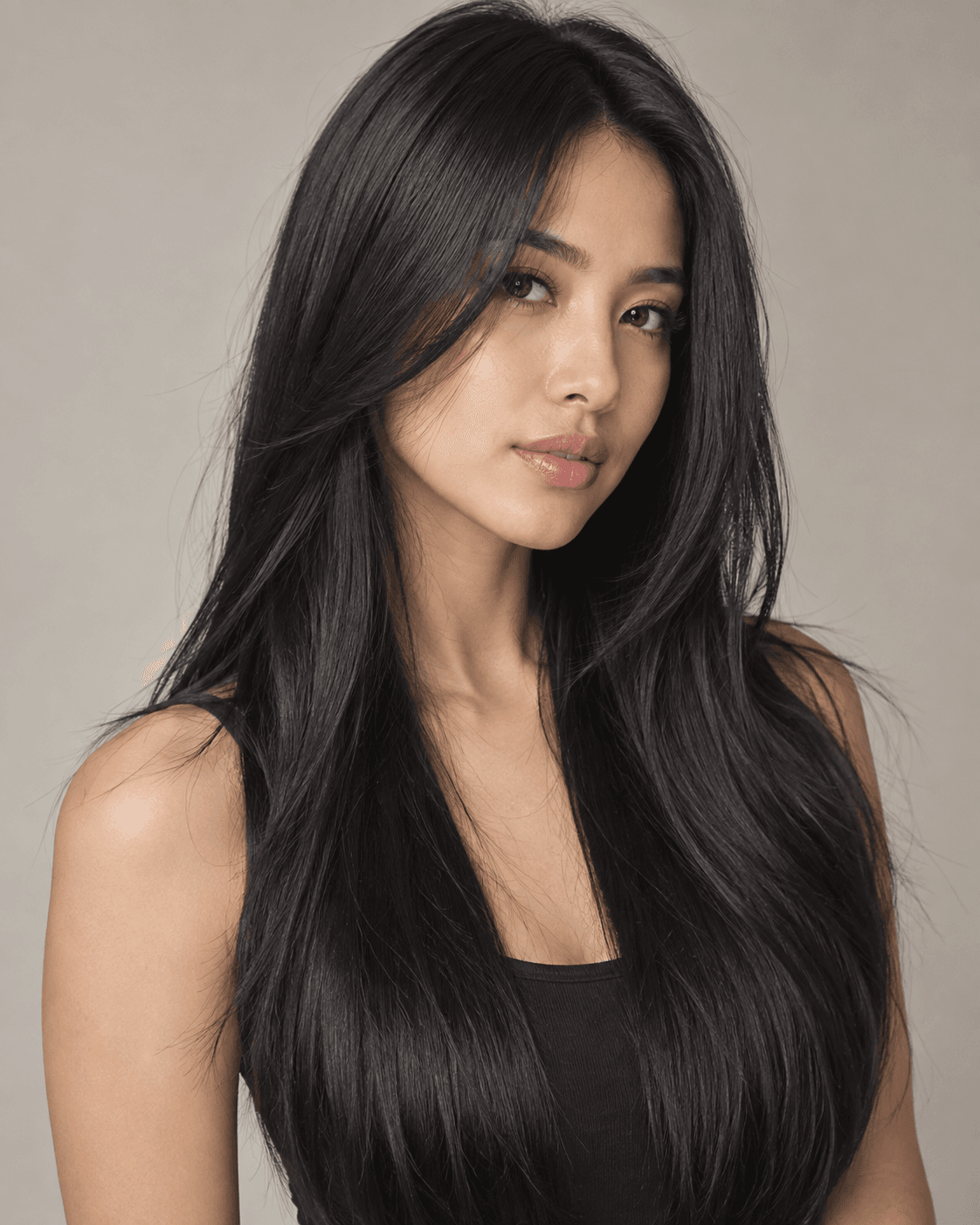 Long thick straight hair layered to reduce bulk.