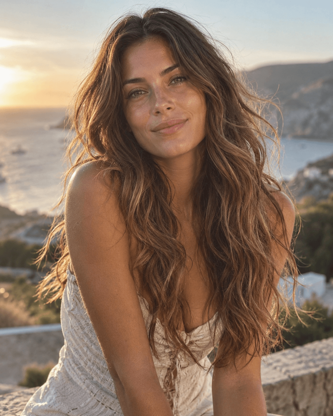 Long wavy hair with beachy layers, tousled by natural texture outdoors.