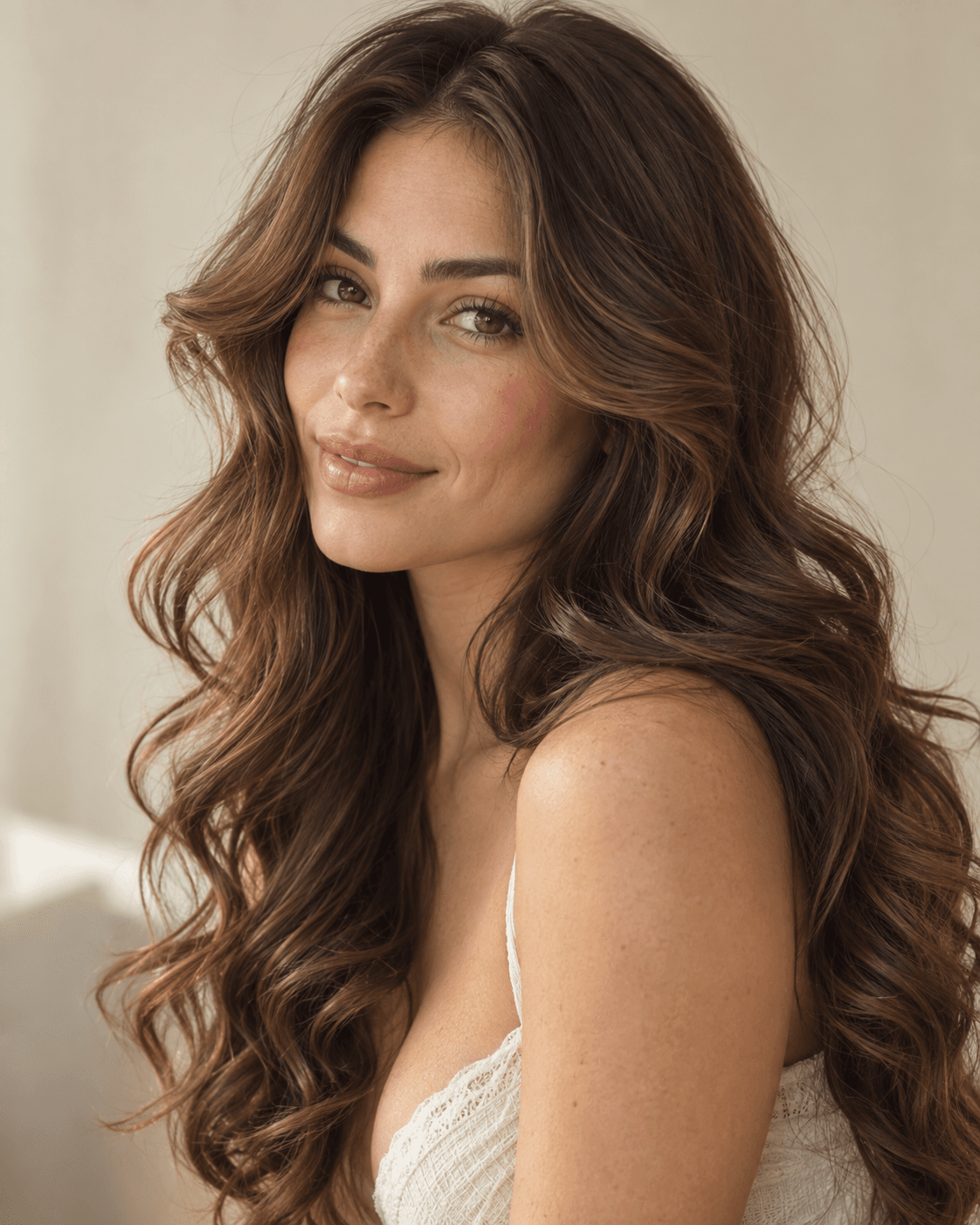 Long wavy hair with loose curls and face-framing layers.